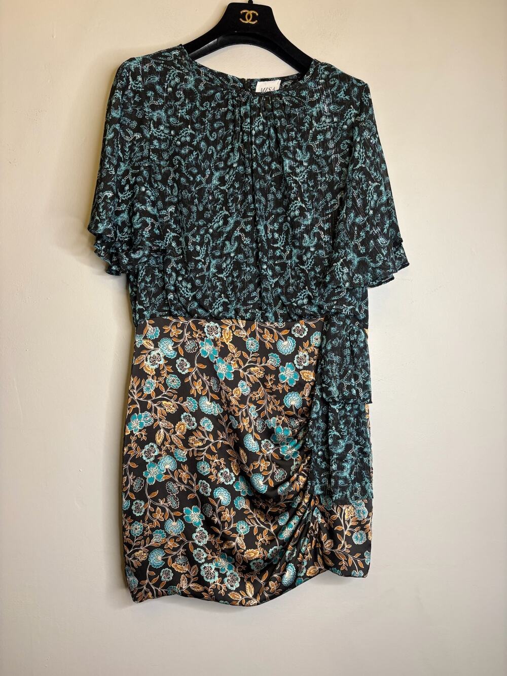 Misa Los Angeles Talia Mixed Floral Ruched Flutter Sleeve Mini Dress Blue Sz L